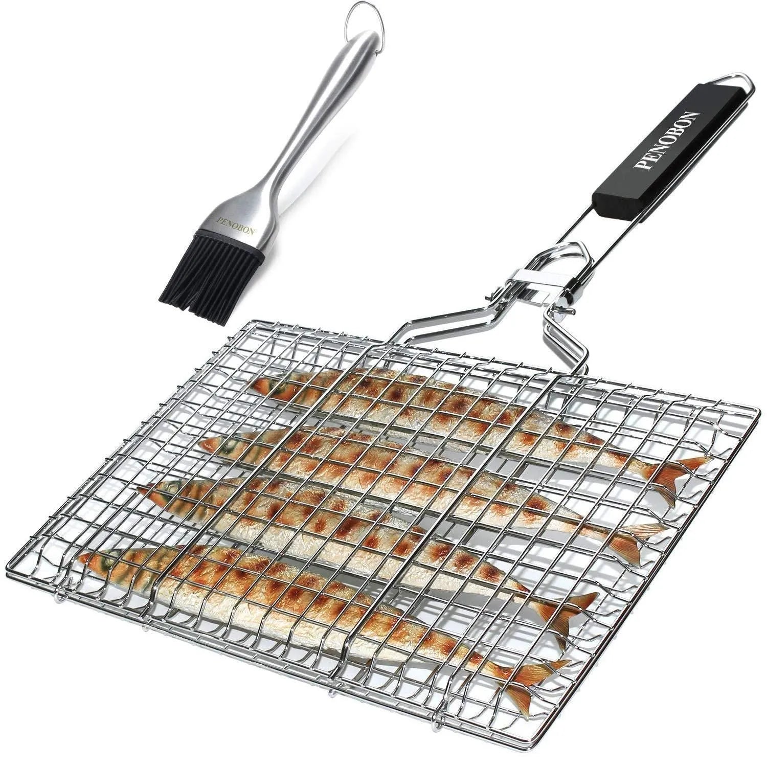 Square folding stainless steel barbecue mesh basket with a cleaning brush.