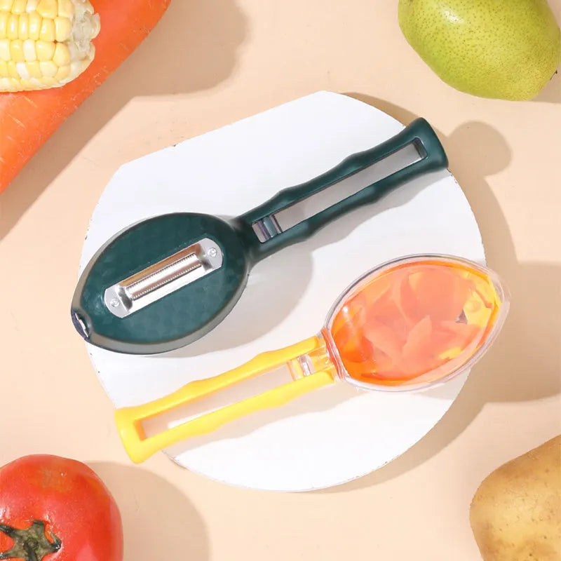 Yellow peeling knife with a storage lid on a kitchen counter.