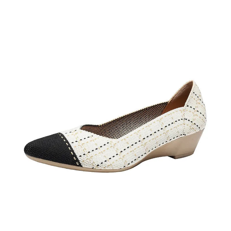 Women's wedge knitted casual shoes in apricot colour with a mid-height heel and shallow-cut opening.