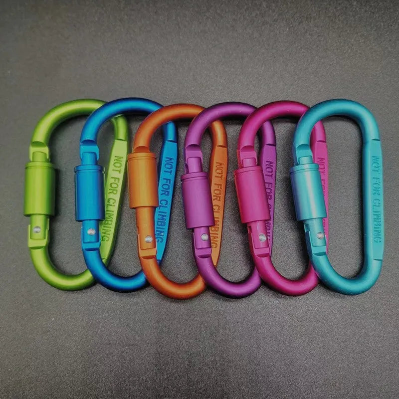 Silver D-shaped aluminium locking carabiner on a grey background.