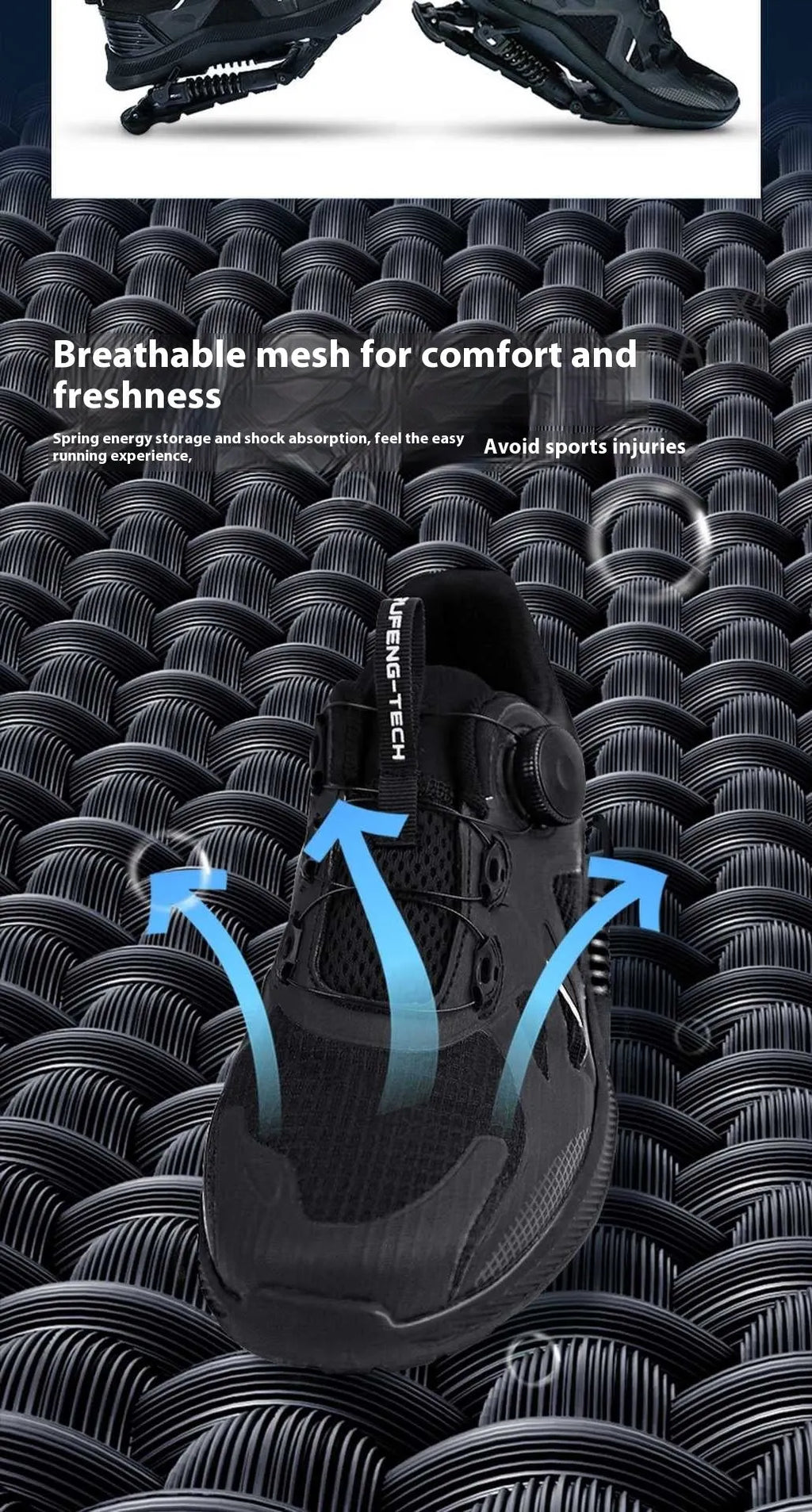 Black unisex running shoes with mesh upper, buckle fastening, and a textured rubber EVA sole.