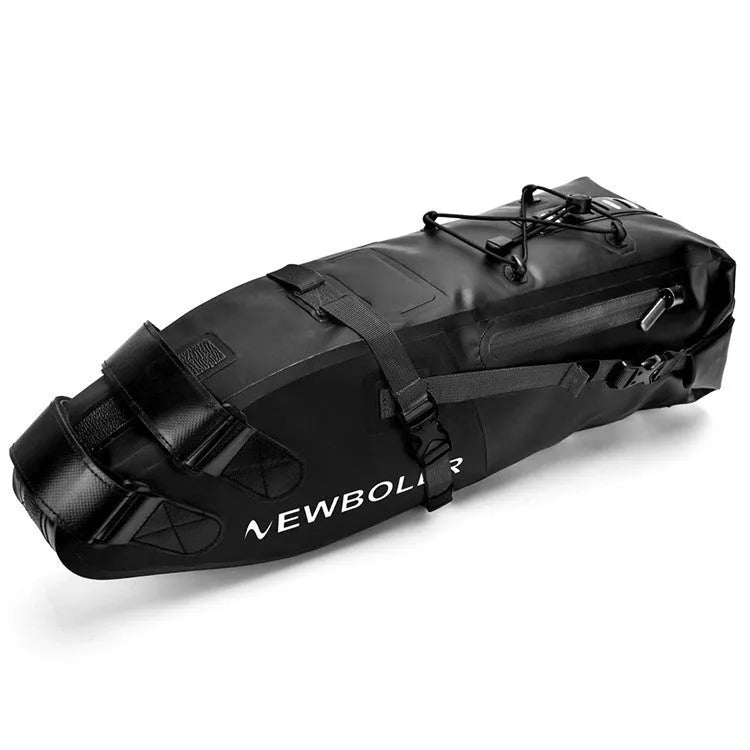 Yellow waterproof PVC bicycle tail bag mounted on a bike seat, showing its 58cm length and mounting straps.