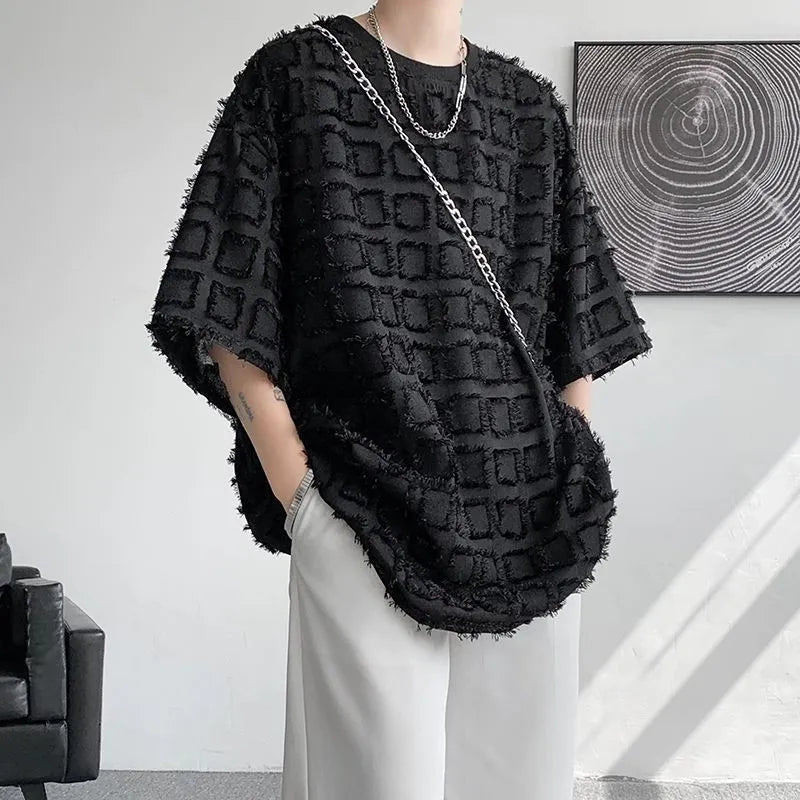 Men's black loose fit short sleeve T-shirt with jacquard texture, sizes M to 3XL