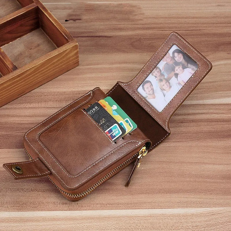 Men's two-fold PU wallet in European American style showing light brown, black and dark brown colour options