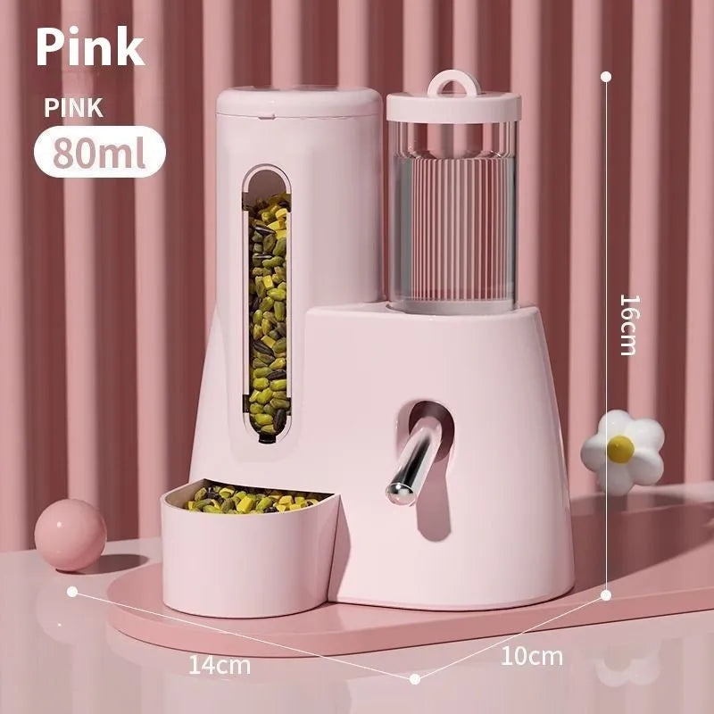 A white, blue, or pink plastic automatic water feeder and food basin for Djungarian hamsters.