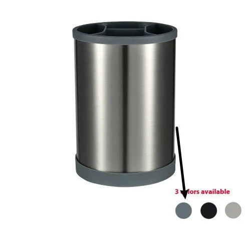 Black silicone kitchen utensil set with 12 tools in a rotating storage bucket on a kitchen countertop