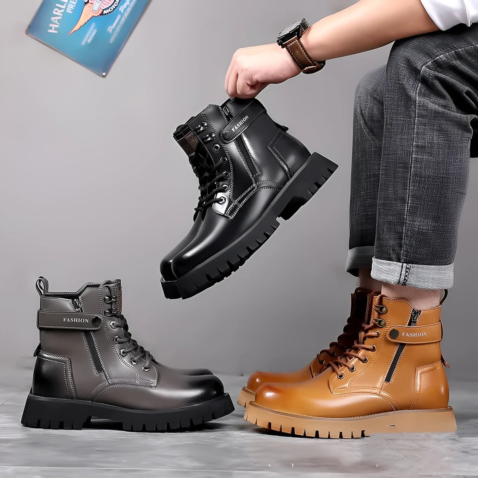 Men's light brown high-top Martin boots with a side zip and thick rubber sole on a white background.