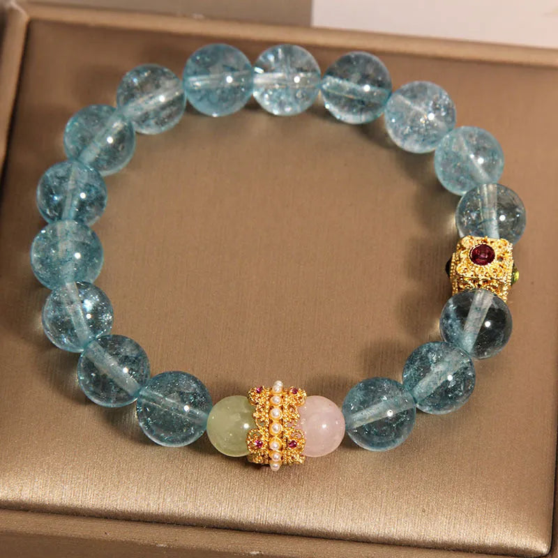 Blue crystal bracelet with Chinese style design featuring cube sugar colourful crystals