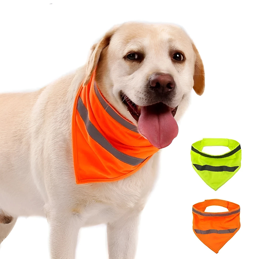 Yellow and orange reflective dog bandana with striped design and adhesive strap, shown on a dog's neck.
