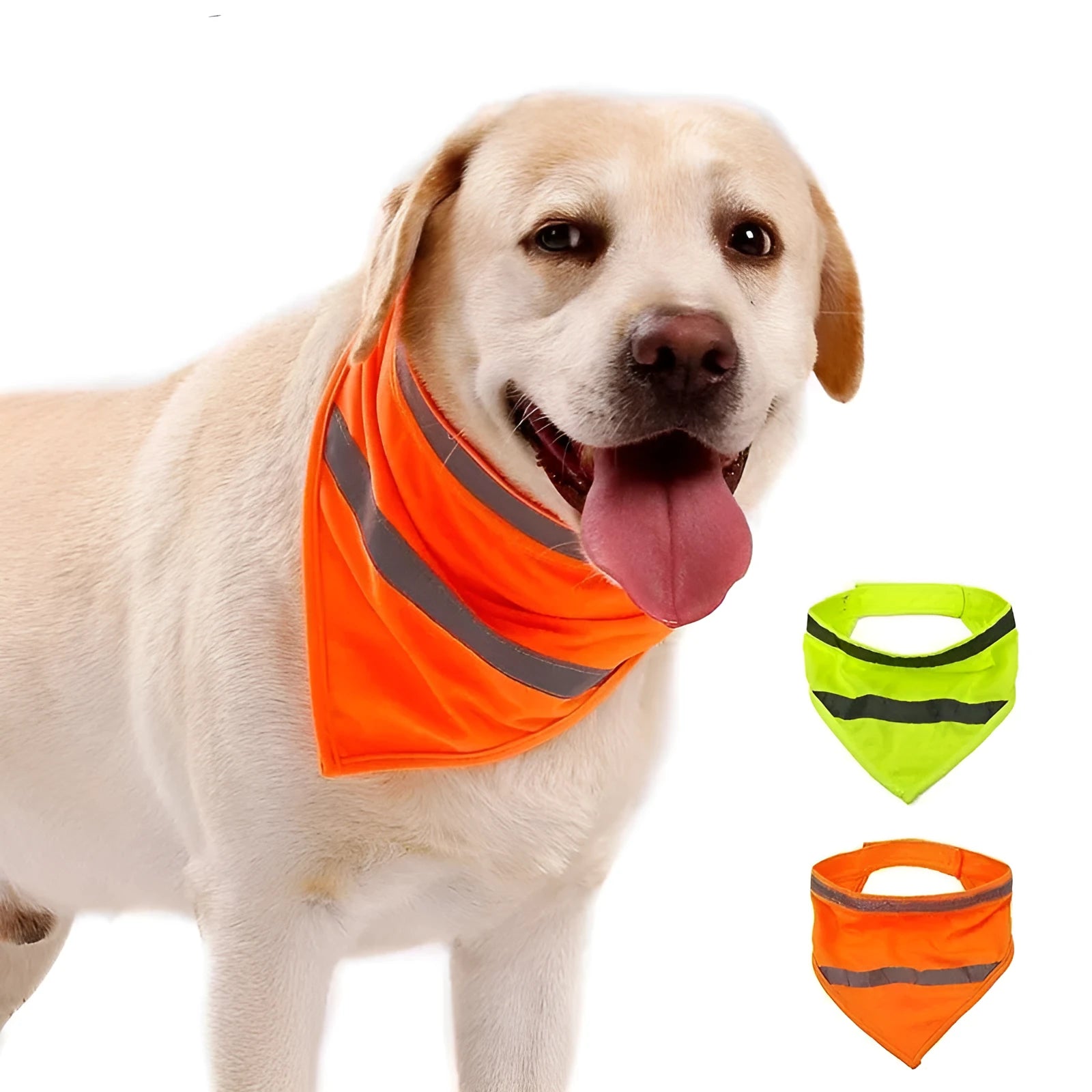 Yellow and orange reflective dog bandana with striped design and adhesive strap, shown on a dog's neck.
