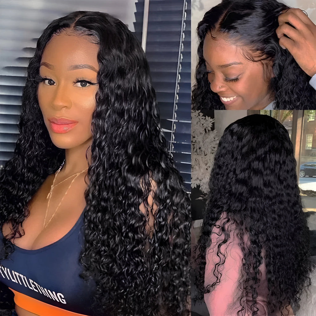 Curly human hair lace front wig with hand woven construction showing natural texture
