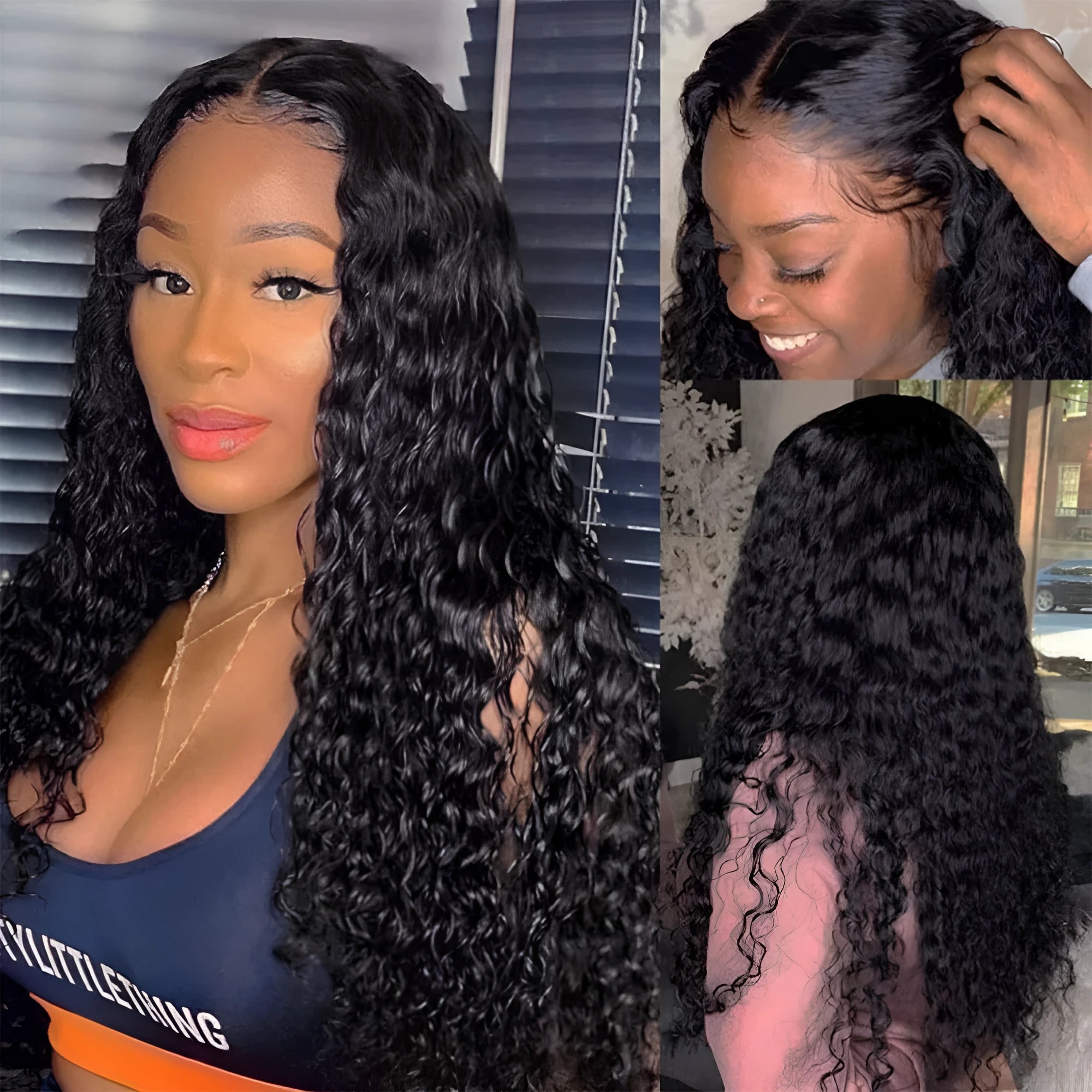 Curly human hair lace front wig with hand woven construction showing natural texture