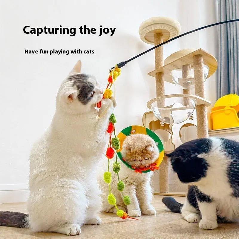 Rainbow cotton candy cat teaser wand with lengthening bar and bite-resistant tassel bell in plush material