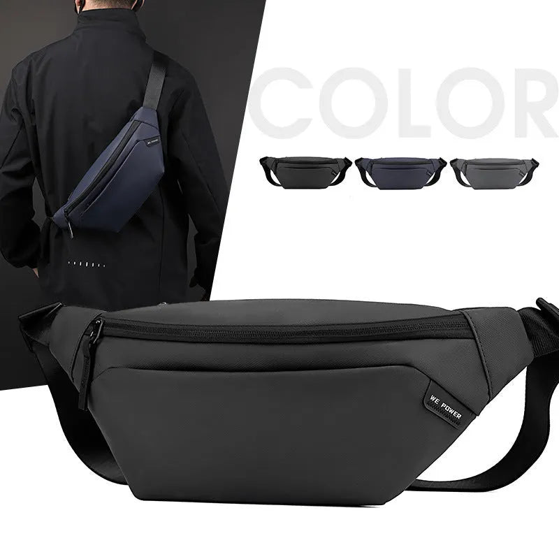 Men's outdoor casual sports crossbody shoulder bag in black nylon, waterproof, with sewing line detail