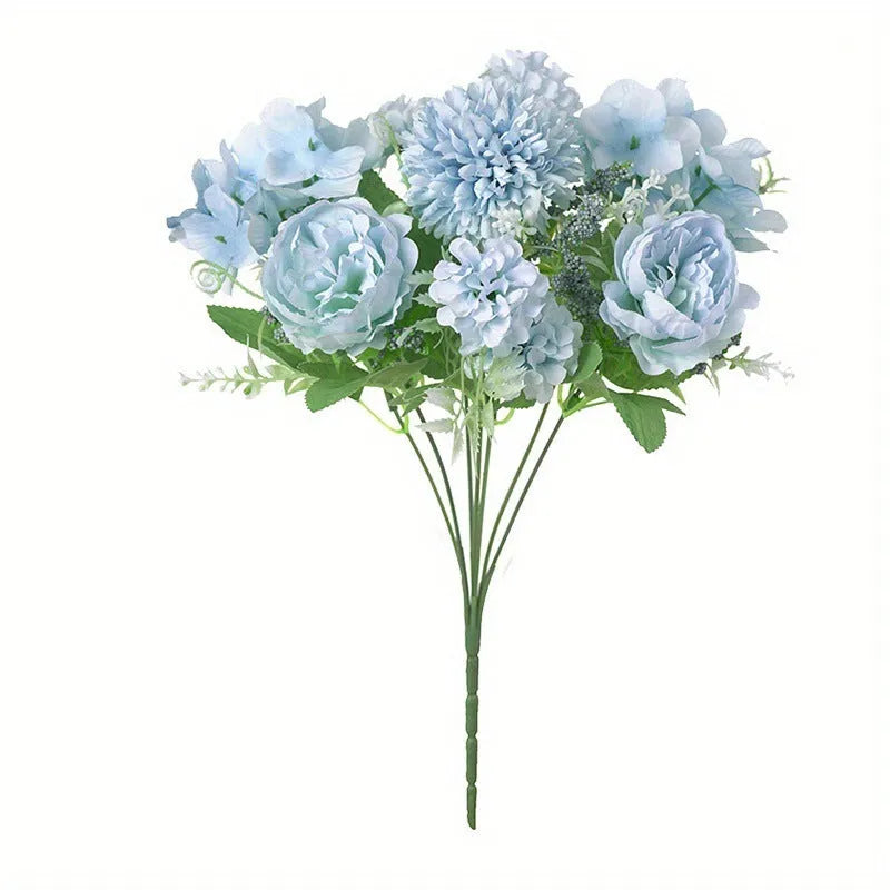 Artificial hydrangea combination in raw silk and plastic, available in white, blue, pink, purple, and green, 1pc or 4pc