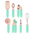 7-piece stainless steel kitchen utensil set with copper rose gold finish and cutlery rack in multiple colours