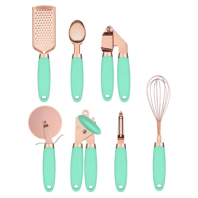 7-piece stainless steel kitchen utensil set with copper rose gold finish and cutlery rack in multiple colours