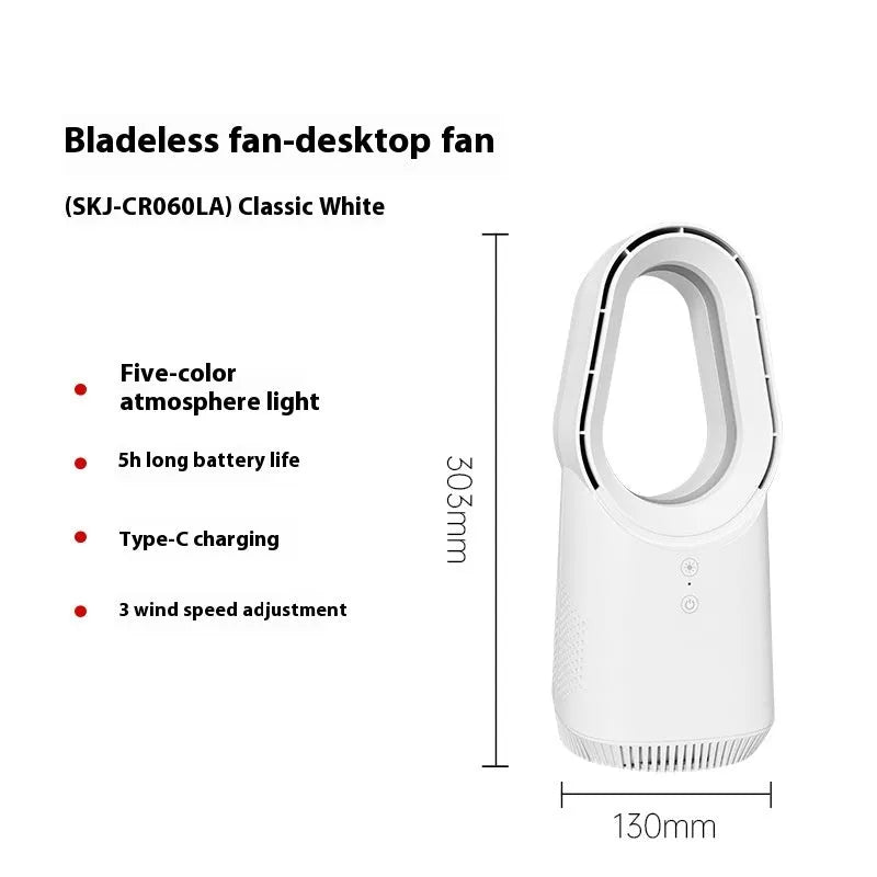 White bladeless tower fan with remote control on wooden floor