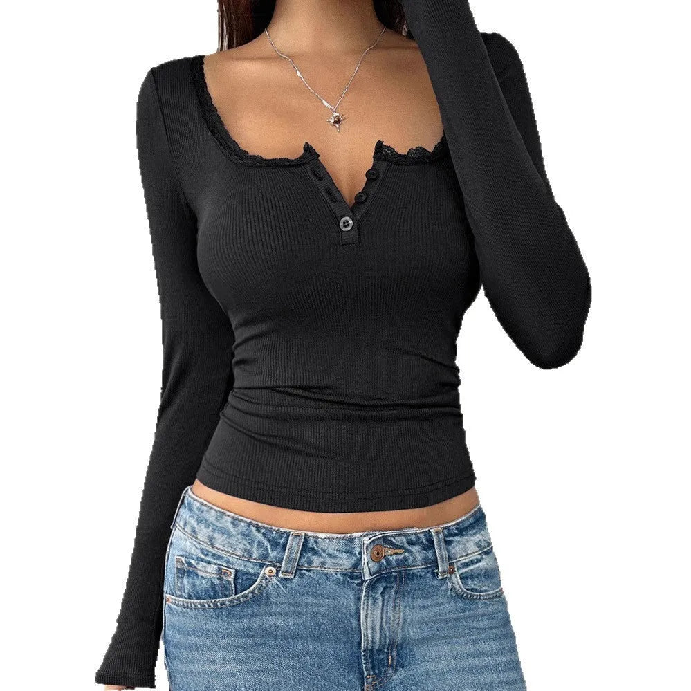 Women's V-neck fitted long sleeve top in solid colour polyester, sizes S-XXL