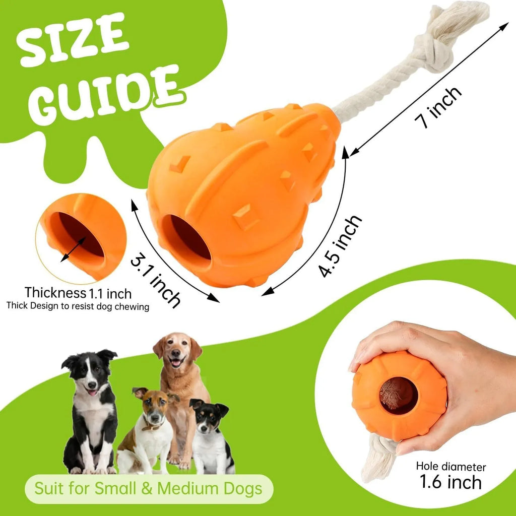 Natural rubber stuffable dog toy with long strap for fetch and treat dispensing