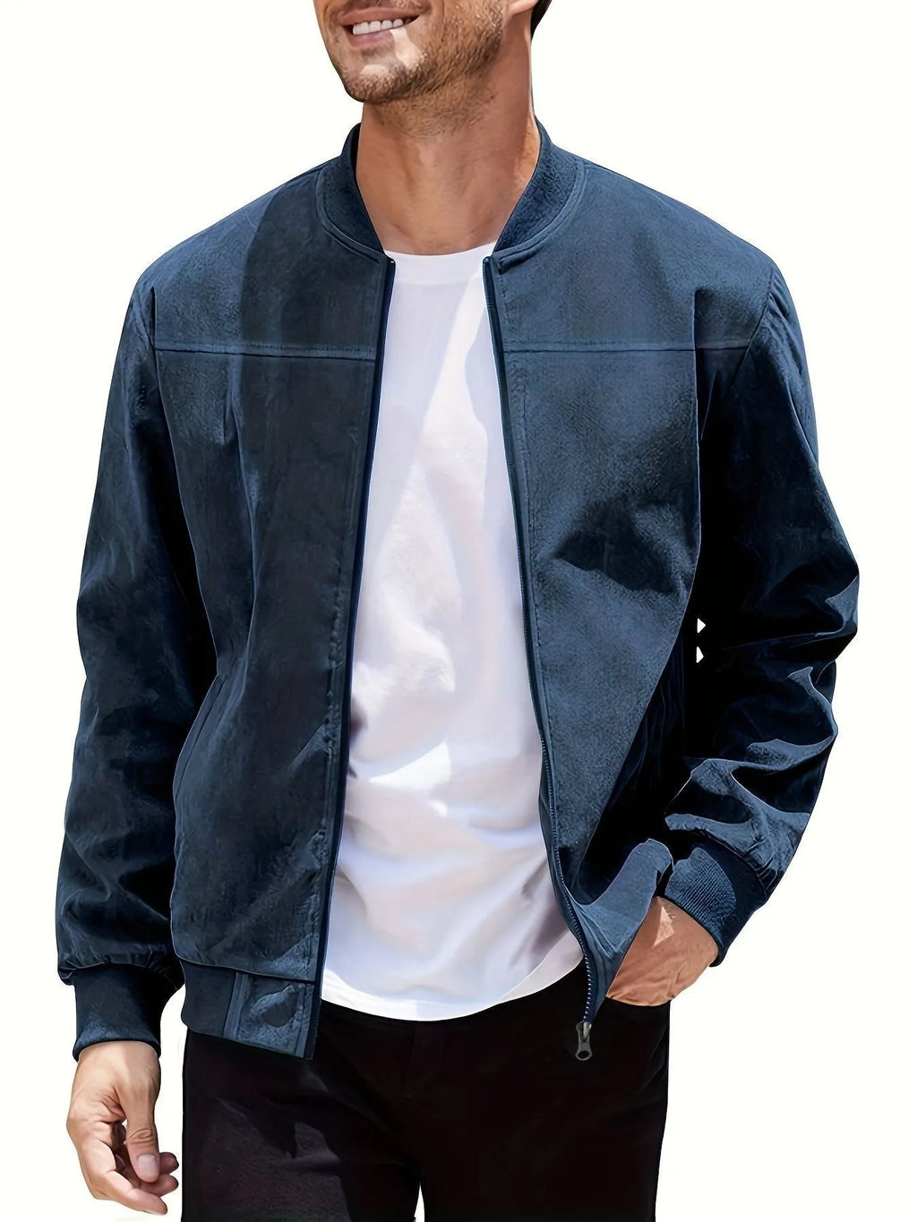 Men's plus size suede jacket with zip closure in Army Green colour with regular sleeves