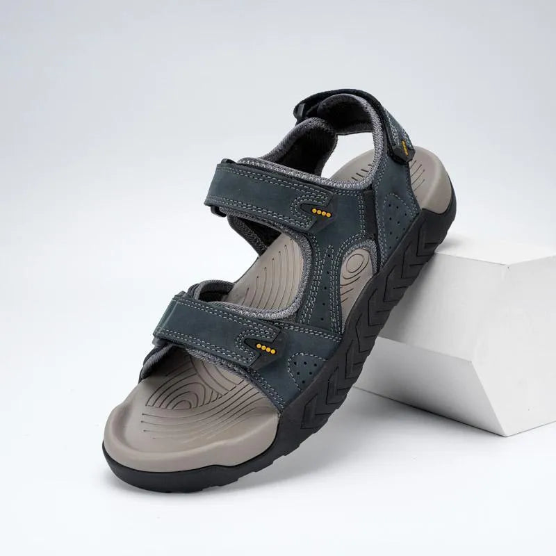 Men's breathable beach sandals with Velcro fastening, first layer cowhide upper, available in dark brown, dark gray, and khaki