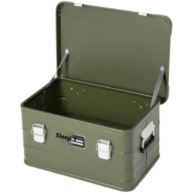 Field green aluminum alloy camping storage box with 58x38x28cm dimensions for vehicle-mounted equipment organisation
