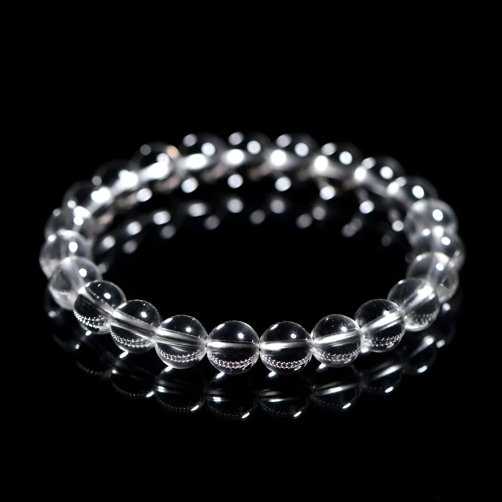 Natural Donghai old materials white water round bead crystal bracelet showing single circle design.
