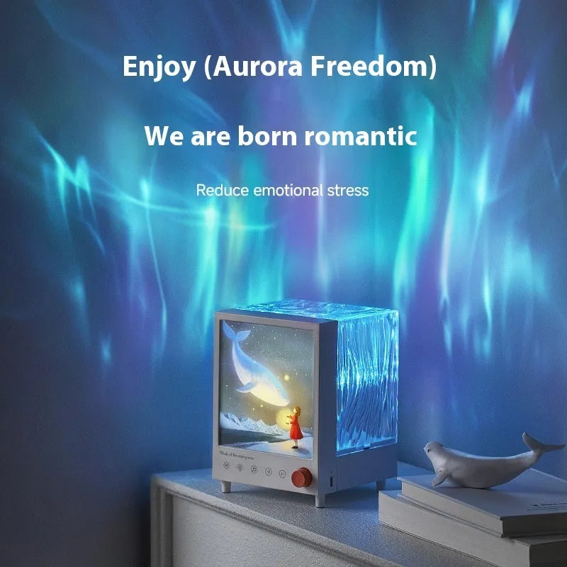 Aurora Treasure Box atmosphere projection lamp showing Star Sea Whale coloured light on a surface.