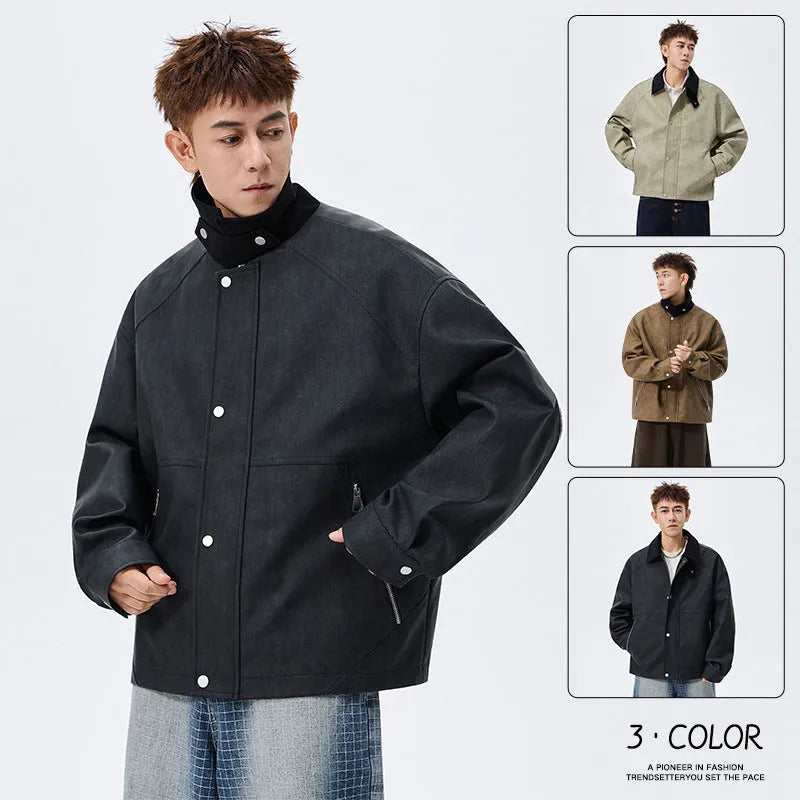 Large size men's PU leather coat with polo collar, available in black, khaki, and caramel, sizes M to 8XL