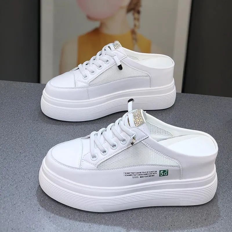 White women's mesh platform shoes with leather lining and rubber sole