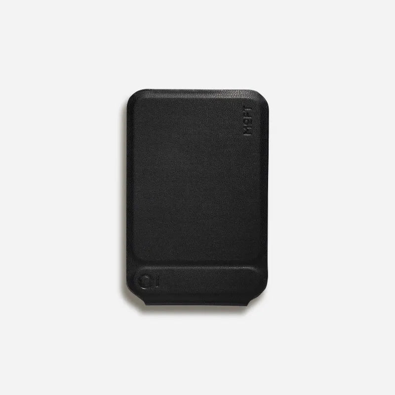 Magnetic mobile phone case holder in leather and fibreglass, shown in black, blue, green, and grey colour options.