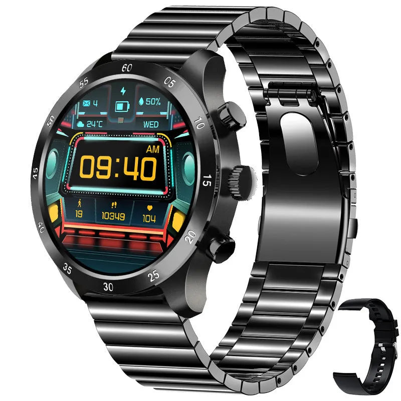 Black steel smart watch with touch screen displaying heart rate data on a wrist