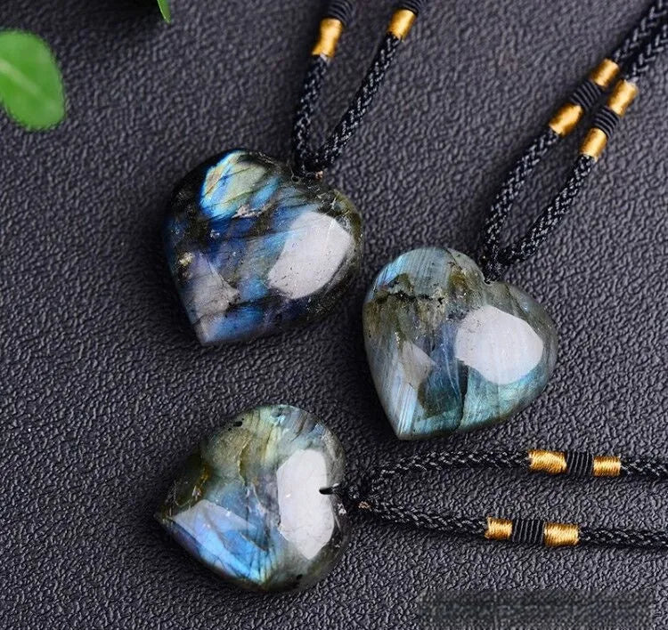 Natural labradorite moonstone Heart Of The Ocean necklace with blue crystal pendant