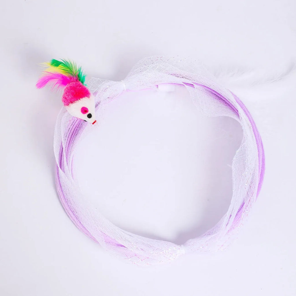 Grey steel frame cat tunnel with elastic netting and attached feather toy for indoor play