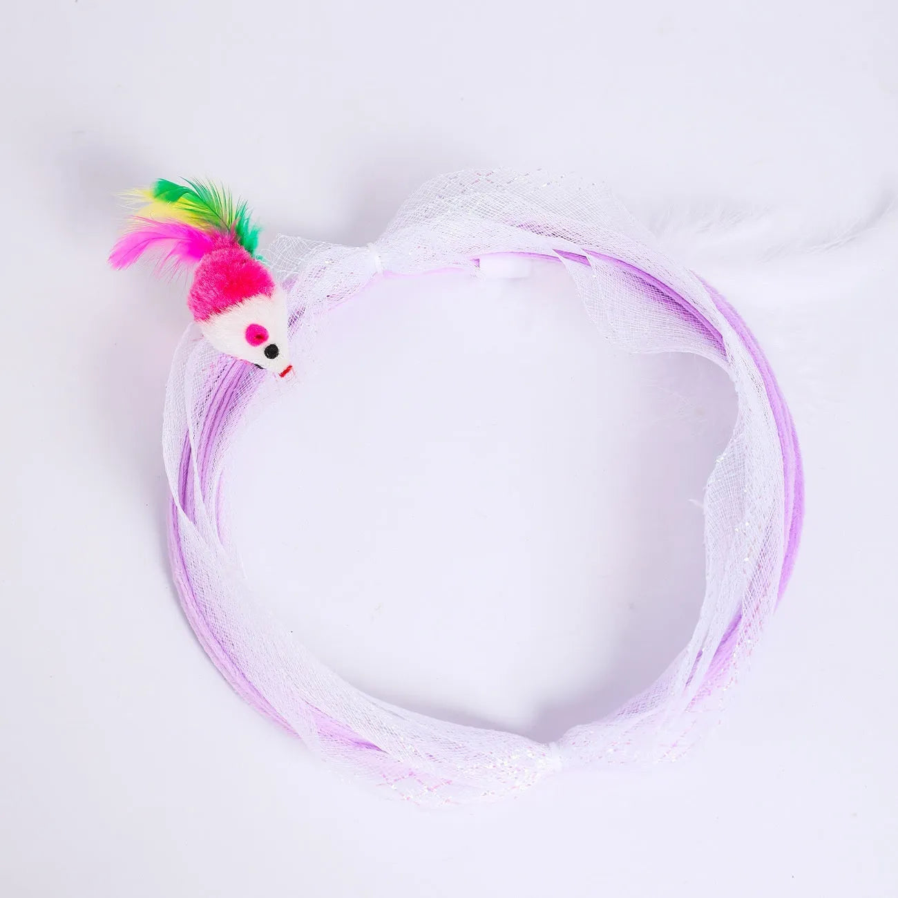 Grey steel frame cat tunnel with elastic netting and attached feather toy for indoor play