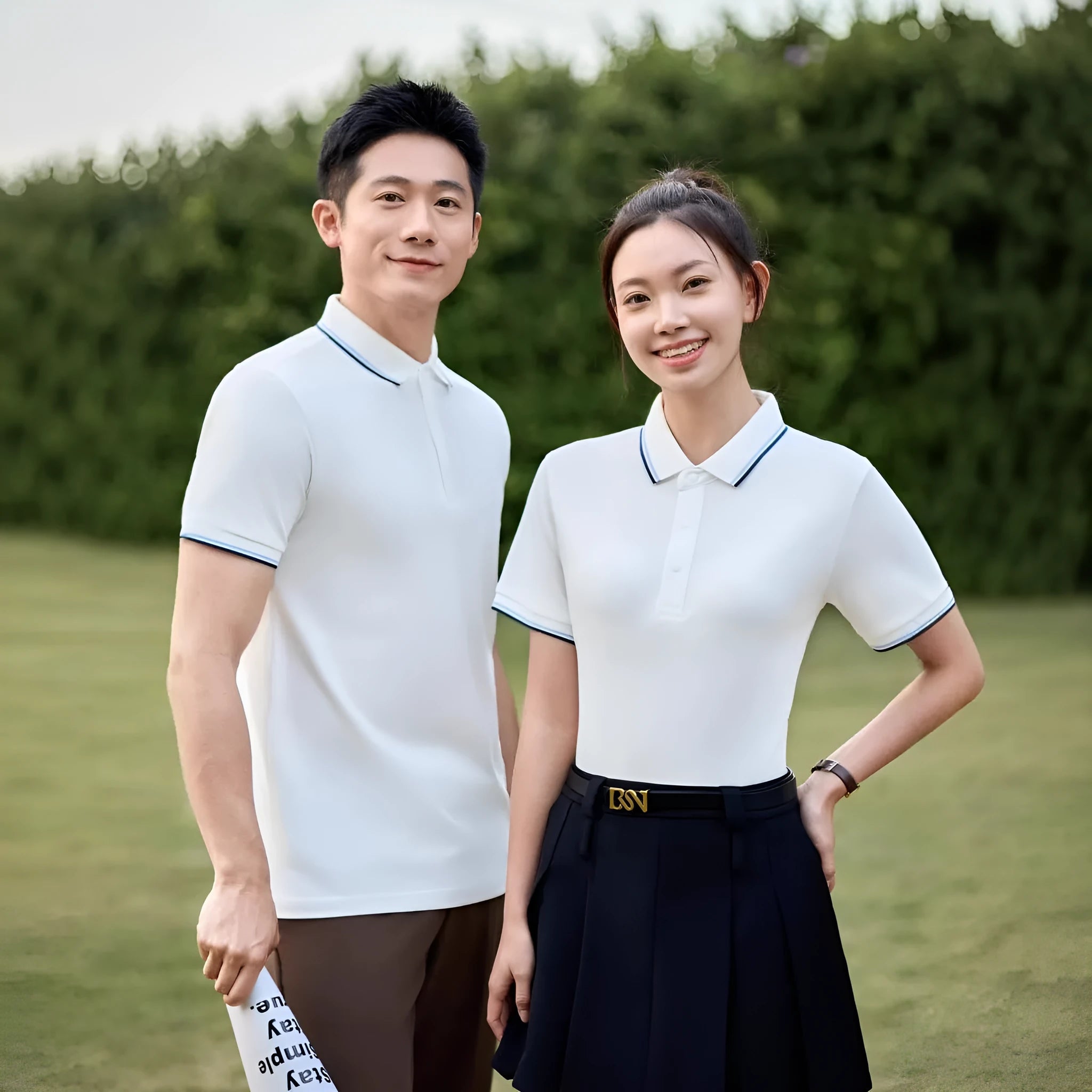 Man wearing a pure cotton short sleeve polo shirt with a lapel collar in a light blue colour.