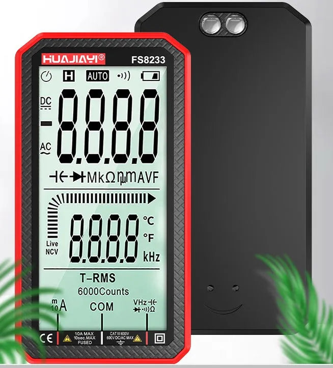 Handheld digital multimeter with large LCD screen showing measurement display