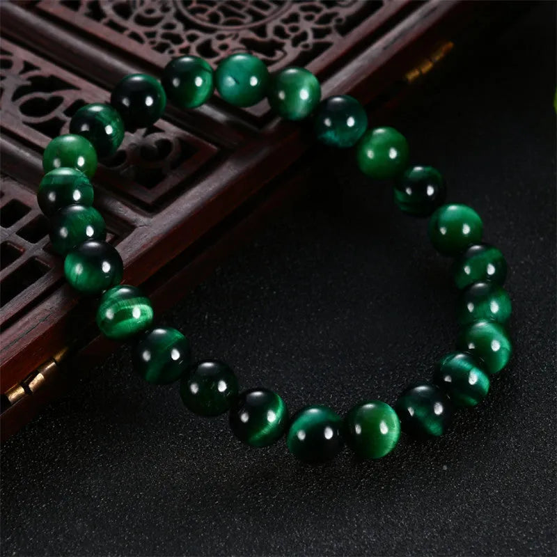 Natural green tiger eye stone bracelet with polished geometric beads