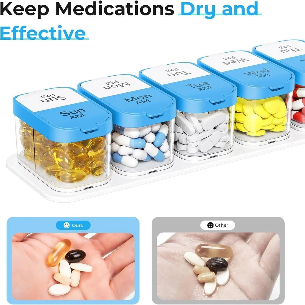 White and rainbow coloured portable plastic pill organiser with 14 removable daily compartments.
