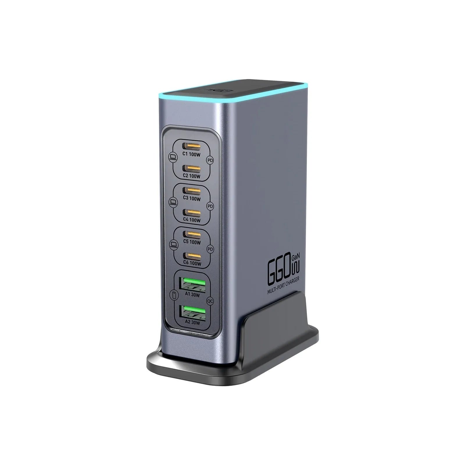 Black 660W Gallium Nitride desktop fast charger with multiple ports and international plug adapters.