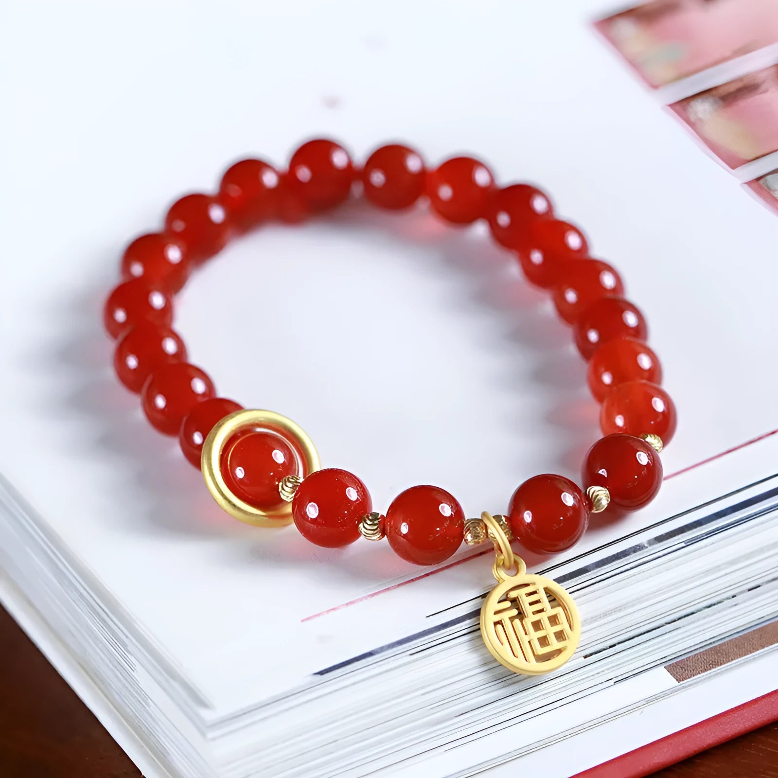 Natural red agate bracelet with woven beads in national style, showing 8MM and 10MM size options with blessing card.
