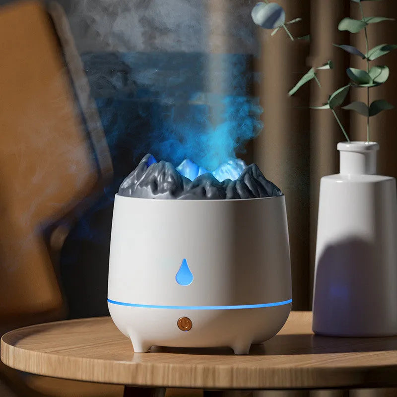 White volcano-shaped ultrasonic humidifier with USB cable for room moisture control