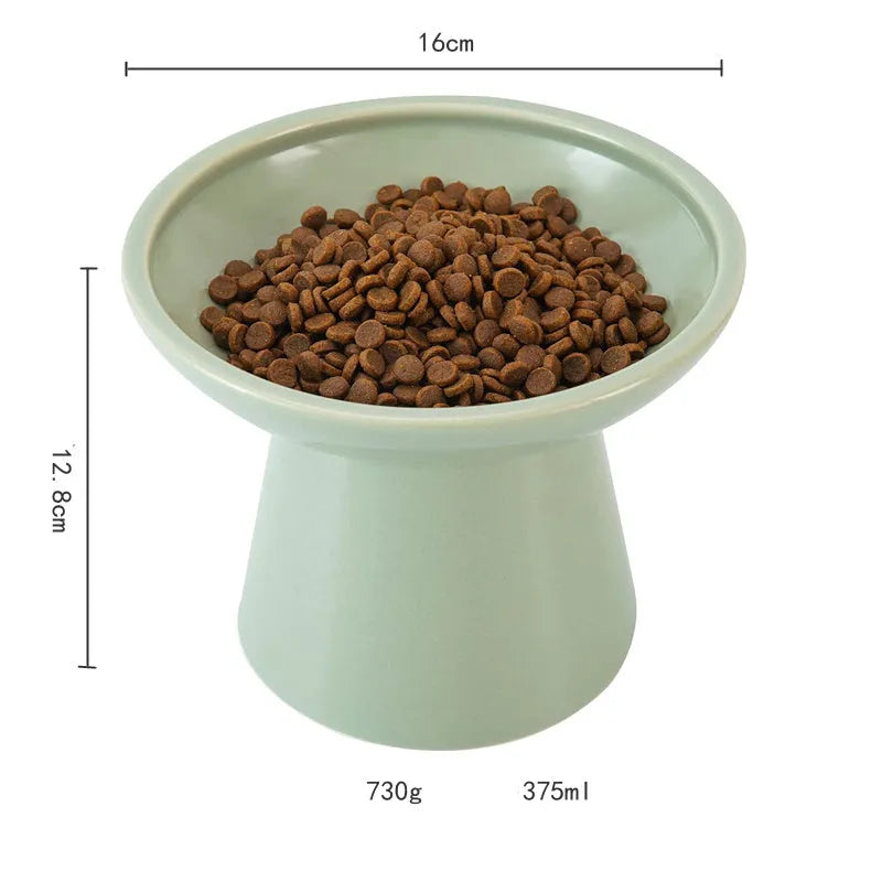 Ceramic elevated cat food bowl set in blue green pink or white colours with wide shallow design