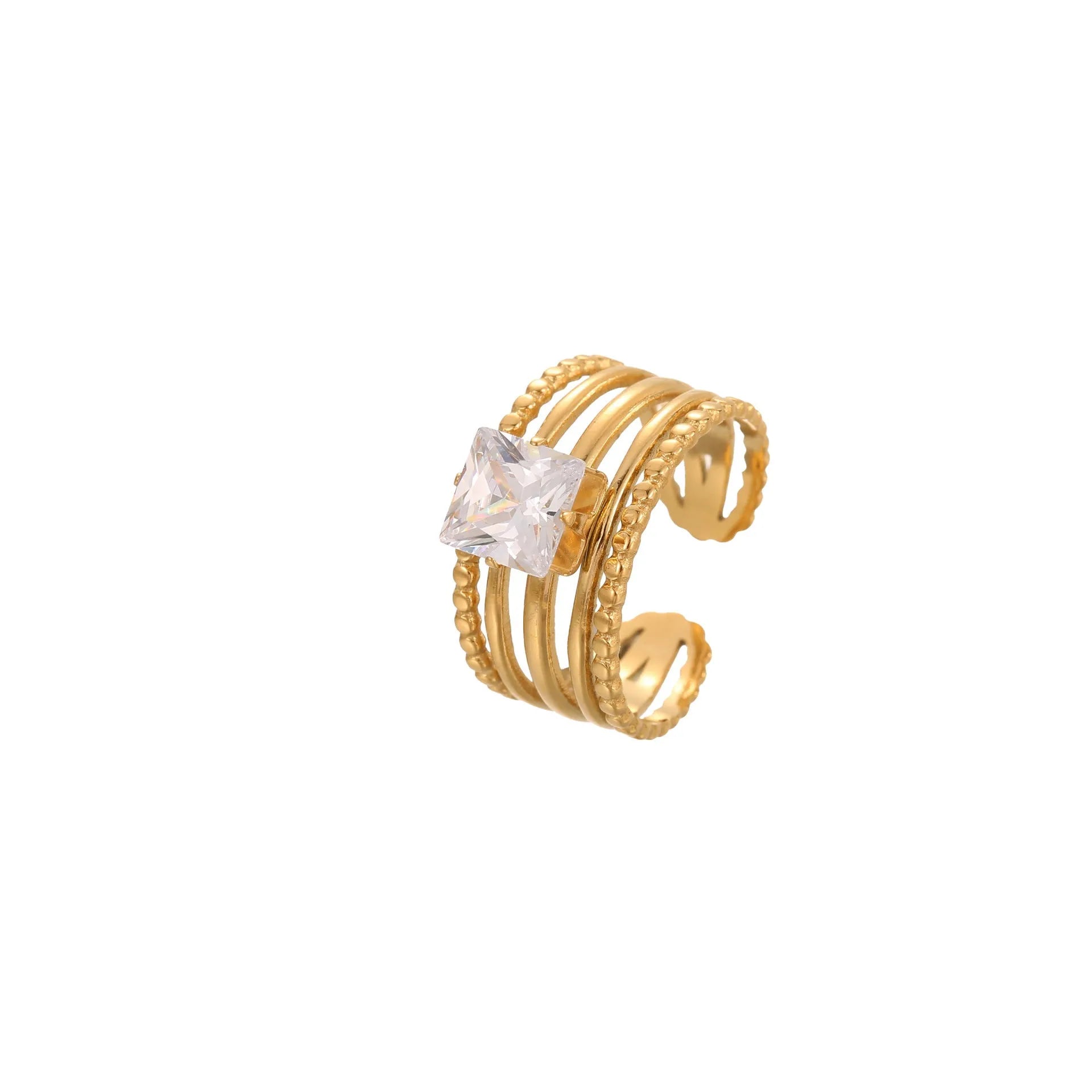 Gold electroplated stainless steel ring with zircon accents in open mouth geometry design
