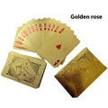 Four gold foil playing cards with rose and gold designs showing Tuhao gold, gold rose, silver rose, and black rose patterns