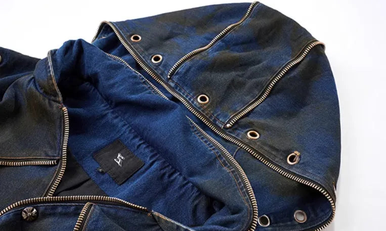 Blue hooded denim vest coat and matching trousers set in heavy industry style