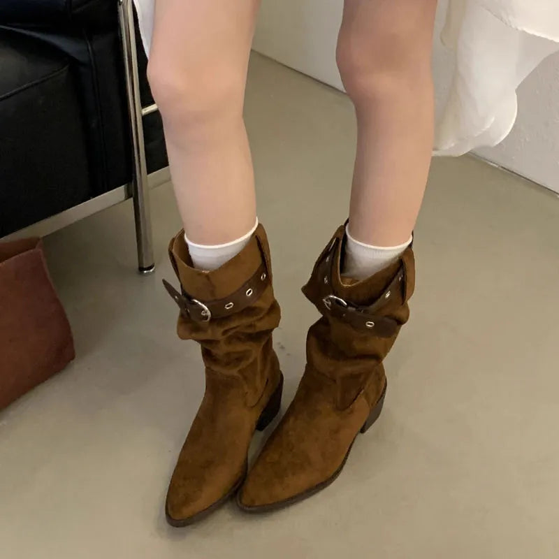 Western cowboy mid-calf boots with chunky heel and pointed toe in black, khaki, and brown