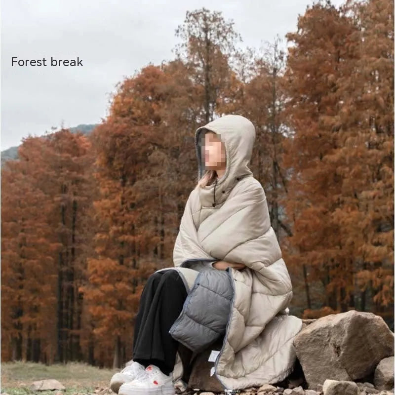 Outdoor cloak sleeping bag in grey colour showing wearable cape design and 200x140cm dimensions