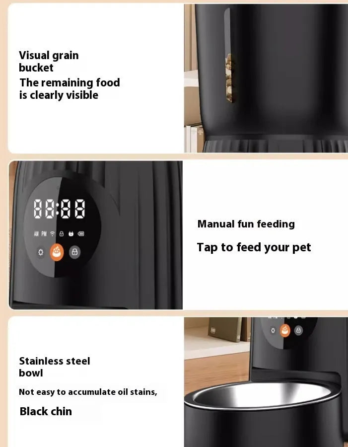Black and white automatic pet feeder with digital display, food hopper, and USB cable.